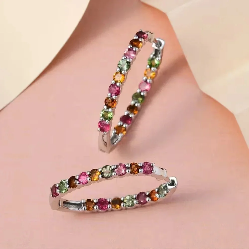 Multi-Tourmaline Inside Out Hoop Earrings In 925 Sterling Silver